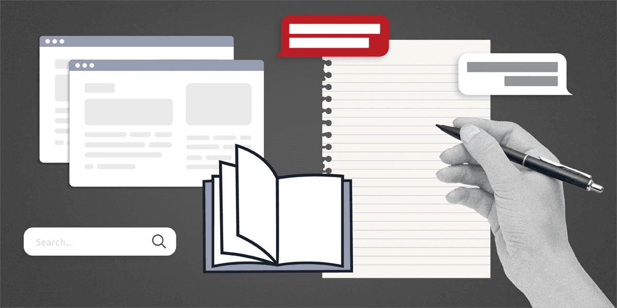 A graphic with someone writing on a sheet of paper with a search bar and web brower images nearby.