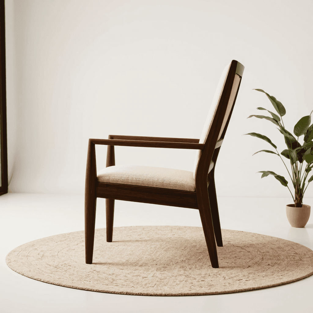 product photography of a chair with a wooden frame and fabric seat