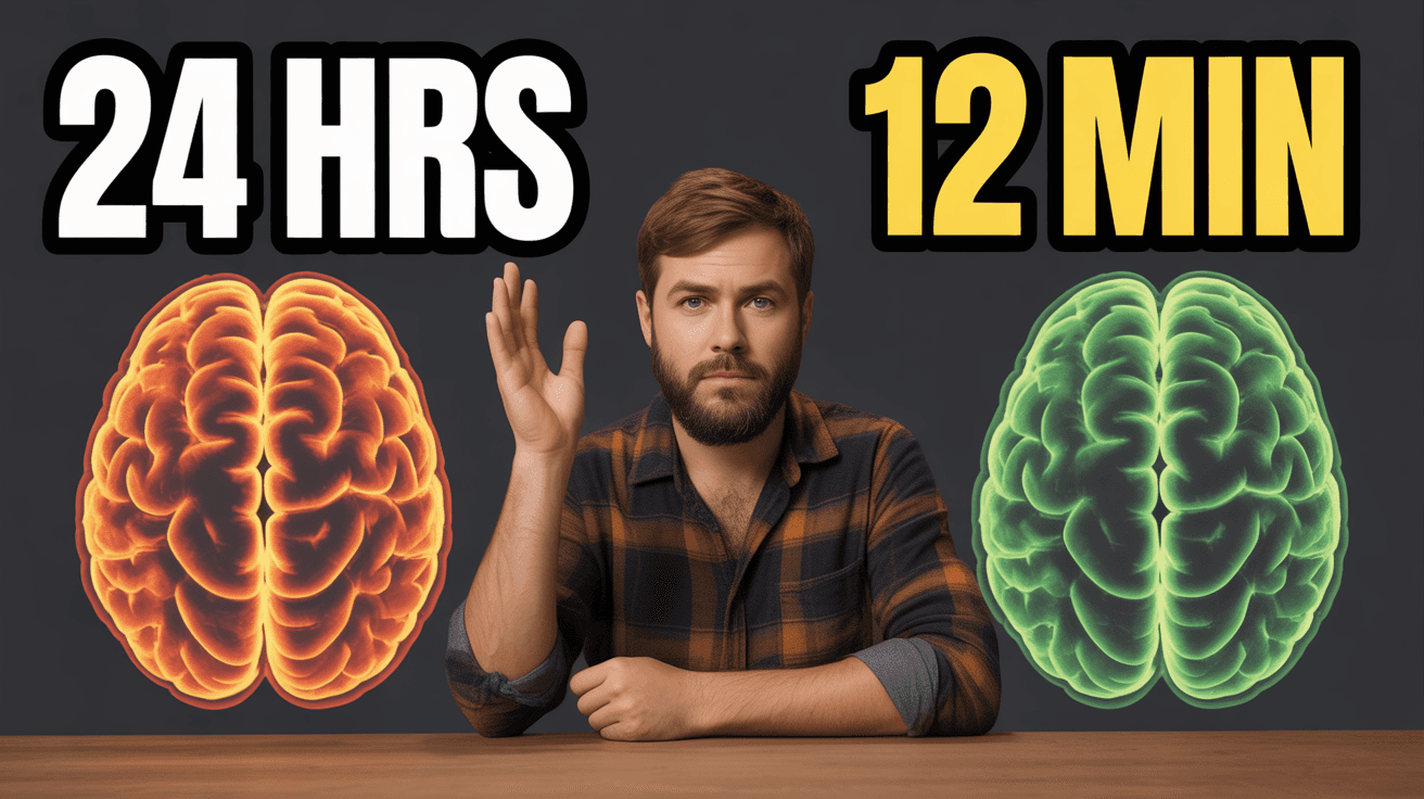Alex Hormozi-style learning thumbnail with host between brain scans and 24 HRS vs 12 MIN text