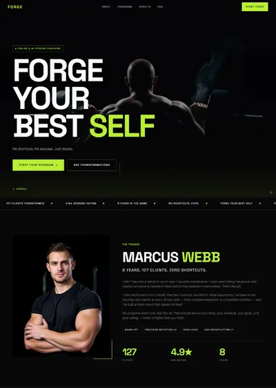 Fitness coach website AI prompt – Forge electric lime dark design preview