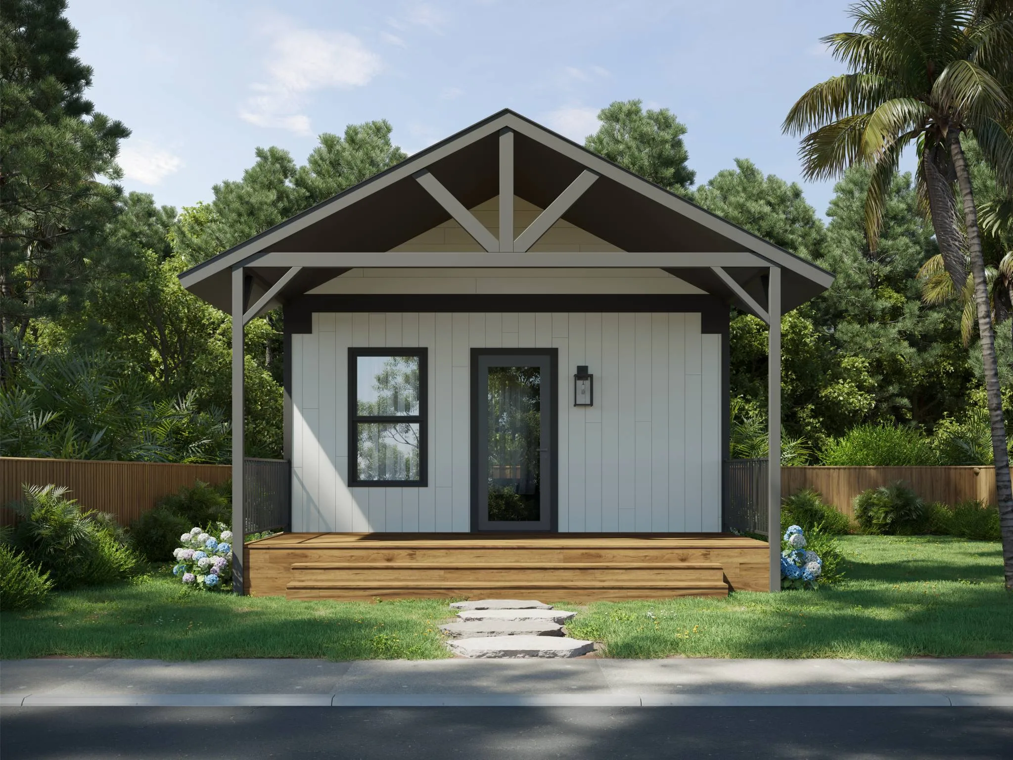 Mesocore white home exterior with gable roof and covered porch