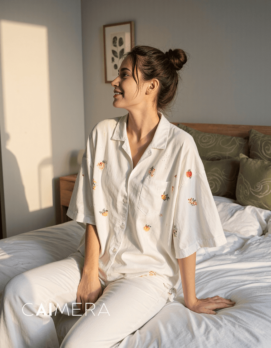 Bright bedroom scene with white embroidered pajamas in morning sunlight, showcasing relaxed lifestyle aesthetic with minimalist decor