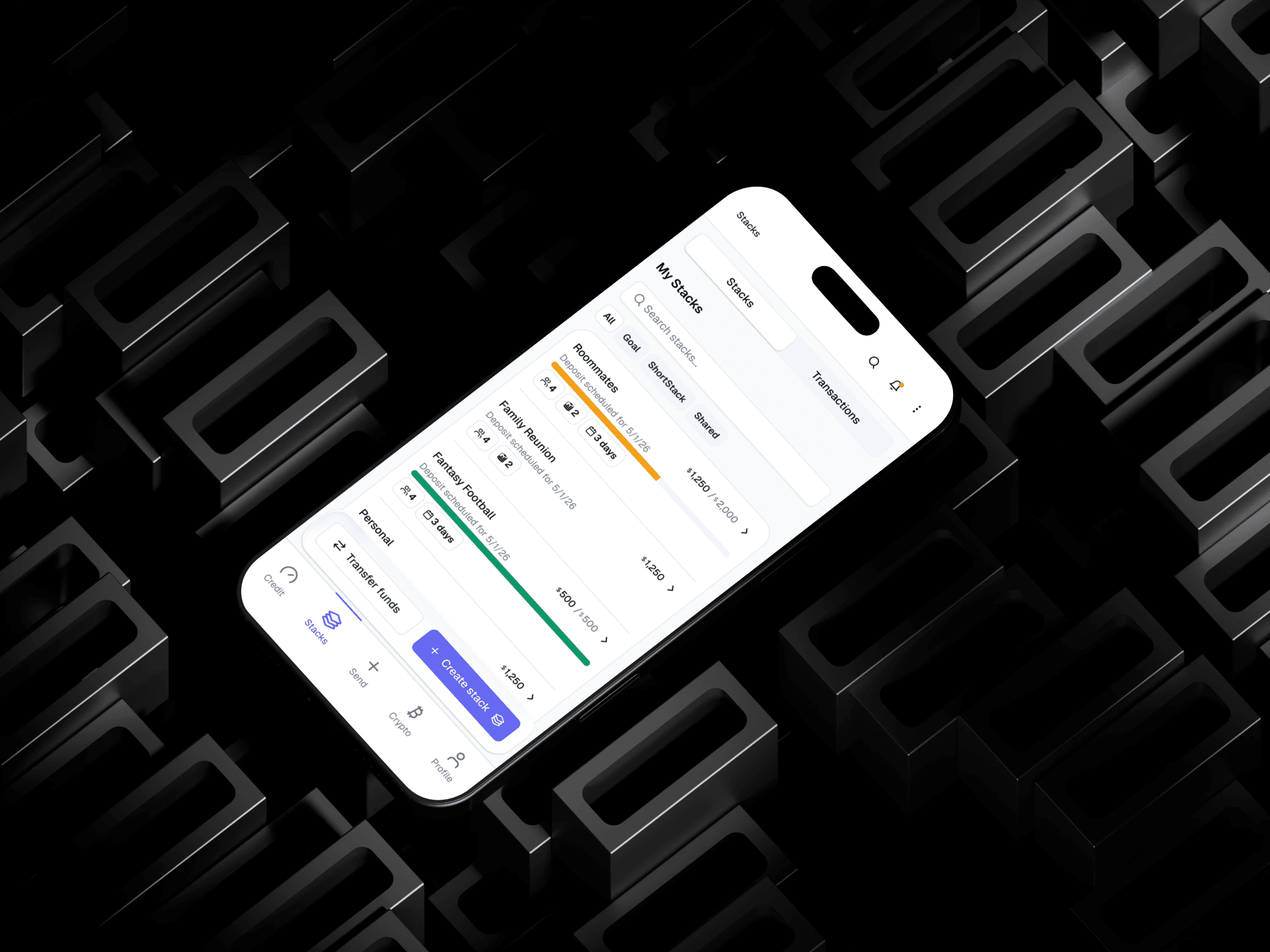 WeStack app showing shared stacks overview with balances, contributions, and group expense tracking across multiple categories