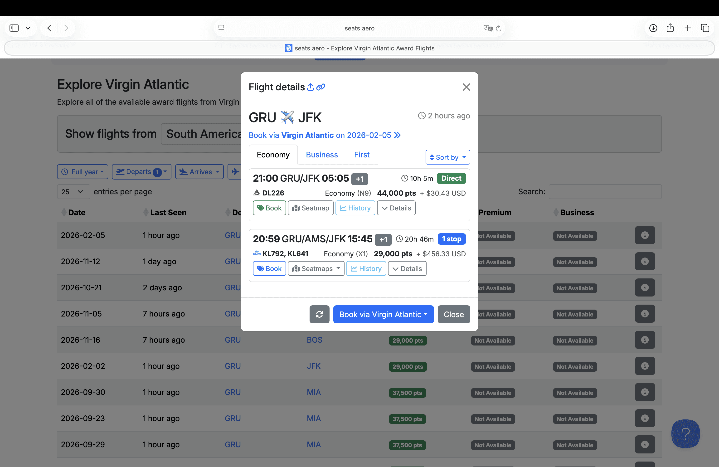 Tela do Seats.aero mostrando a disponibilidade de voos parceiros da Delta no trecho GRU–JFK, etapa usada para identificar assentos que podem ser emitidos pela tabela fixa da LATAM Pass
