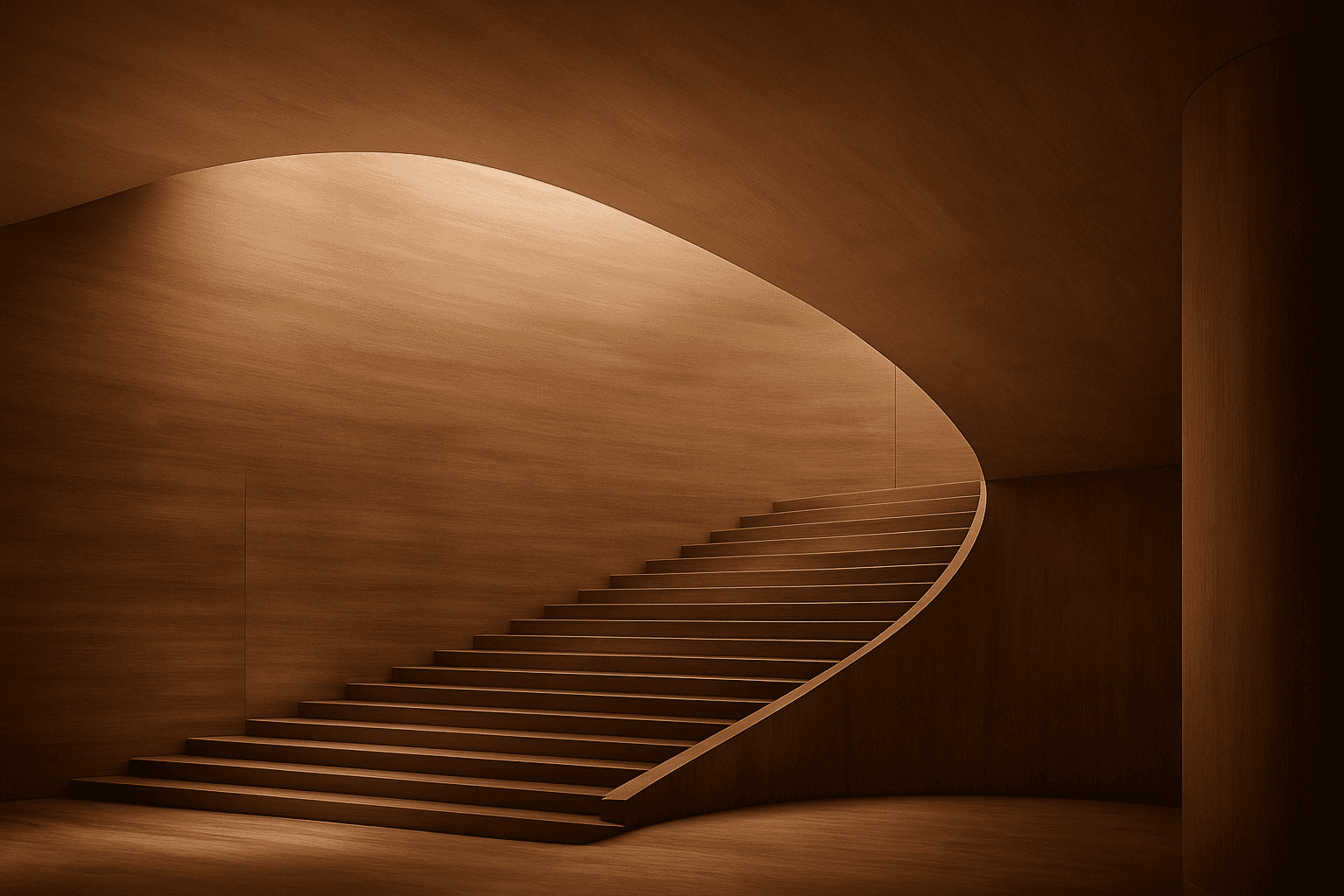 Minimalist interior with curved wooden staircase, rich wood textures, and soft ambient lighting.