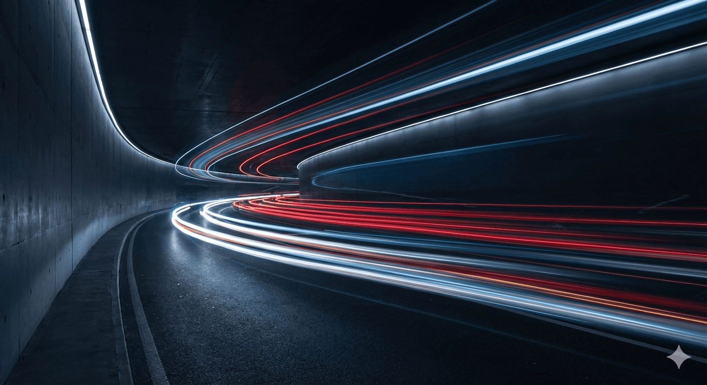 A long-exposure shot of light trails in a dark, modern tunnel. Minimalist, sleek tech aesthetic, represents "Speed and Seamless Performance."