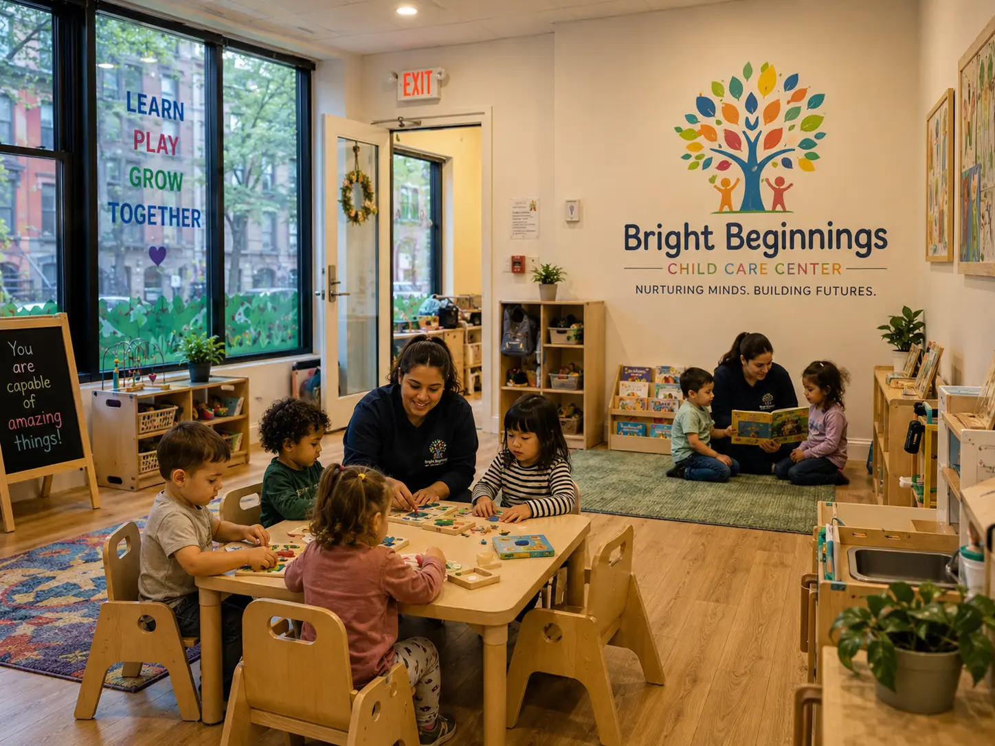 two women playing with six children inside a daycare center