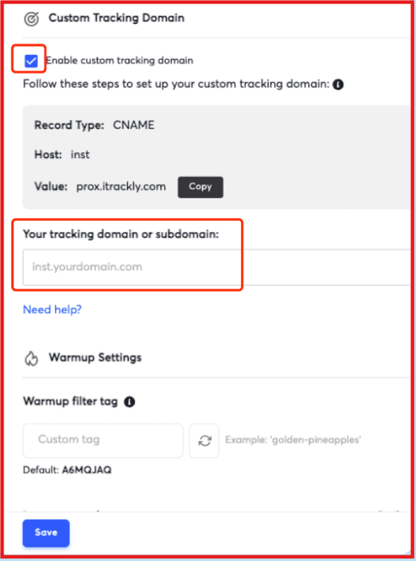 Instantly custom tracking domain