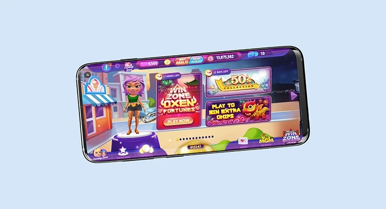 Original Pop! Slots First Time User Experience (FTUE) showing a cluttered screen with overwhelming pop-ups, highlighting the user friction before the onboarding redesign by Nudgix.