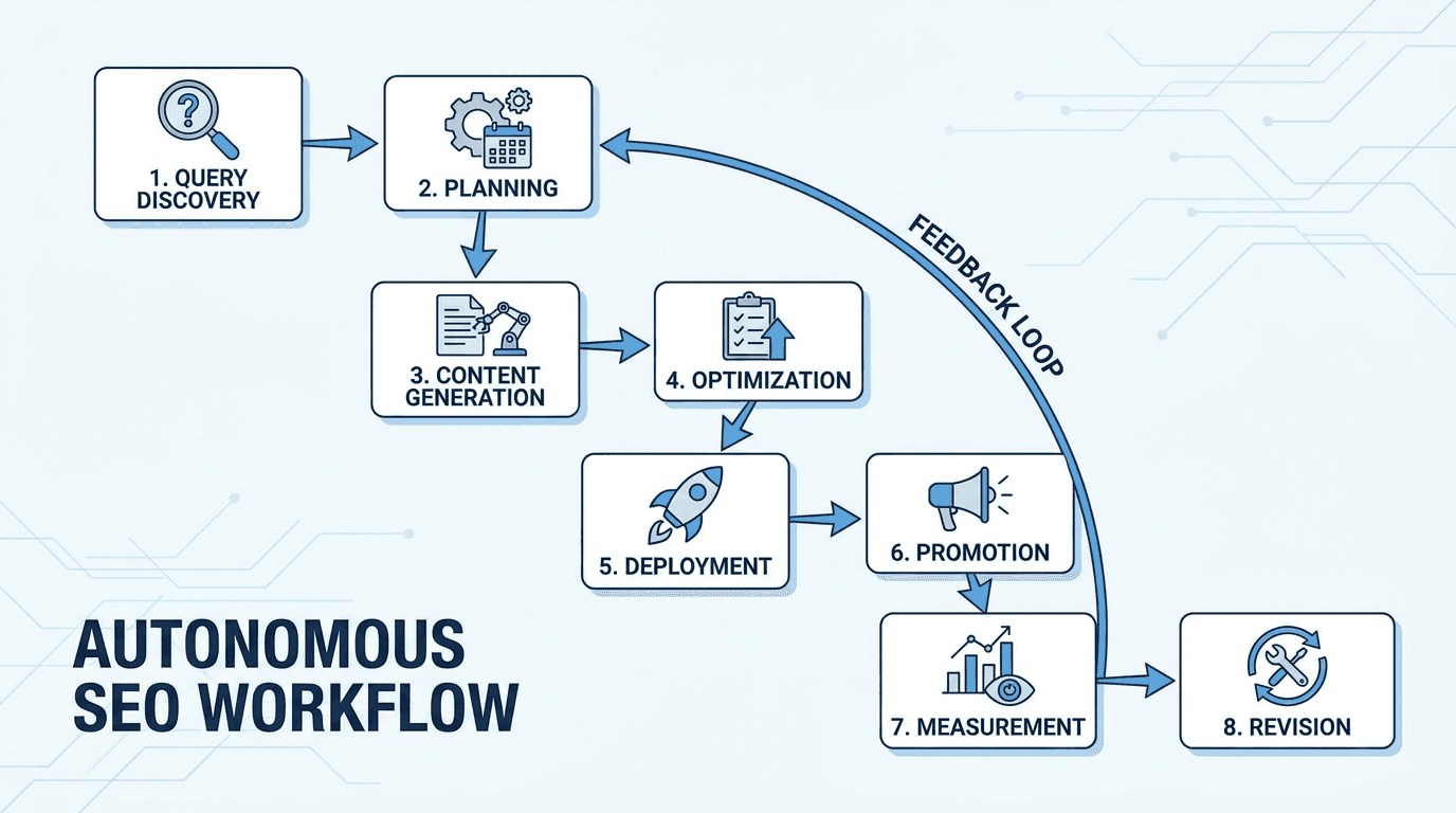 Flow diagram showing the eight stages of an autonomous SEO workflow, from query discovery through to measurement and revision, with a feedback loop returning from measurement to planning.