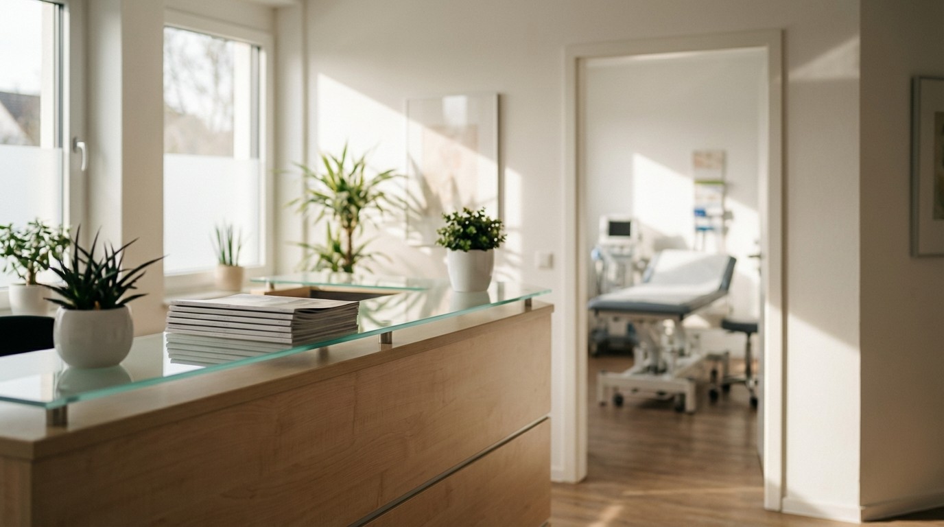 Ärztin präsentiert Praxiskennzahlen im Team-Meeting – MediPulse Dashboard auf dem Laptop