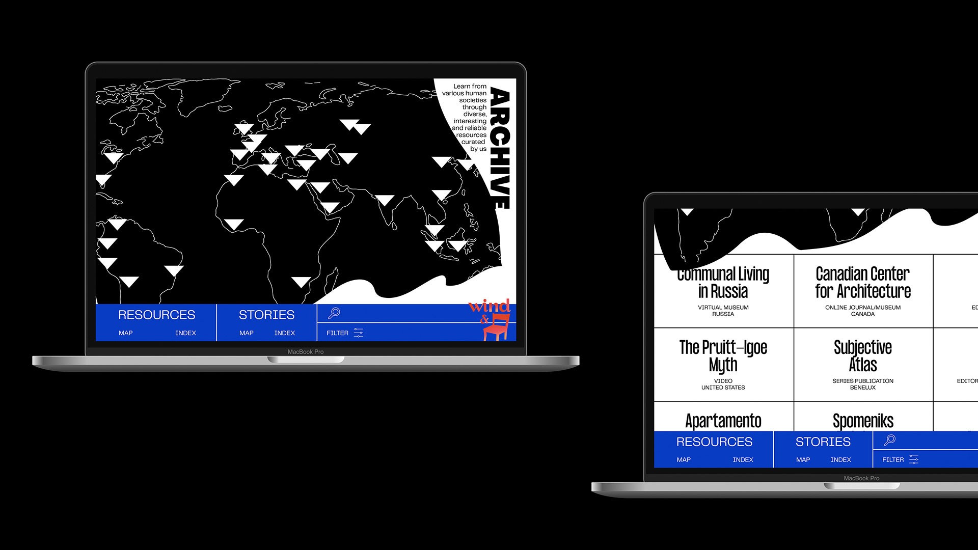 Two laptops display a world map with triangular markers indicating locations. The left laptop shows “RESOURCES,” “STORIES,” and “MAP” labels. The right laptop shows “RESOURCES,” “STORIES,” and “MAP” labels. Both laptops have “wind &” logos and display “MacBook Pro” at the bottom.