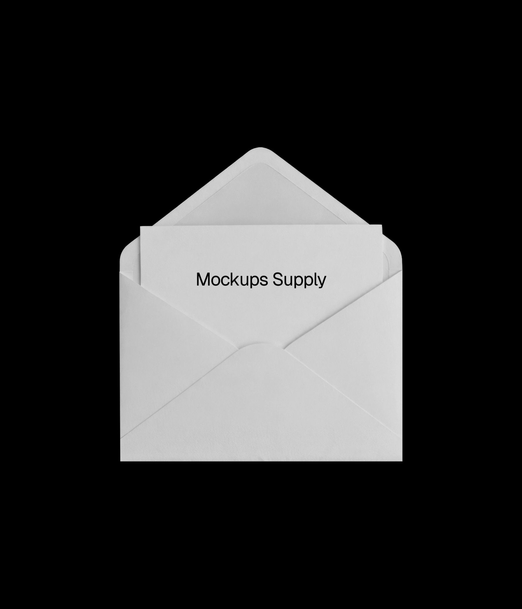 Minimal white open envelope with card mockup on black background download on Mockups Supply