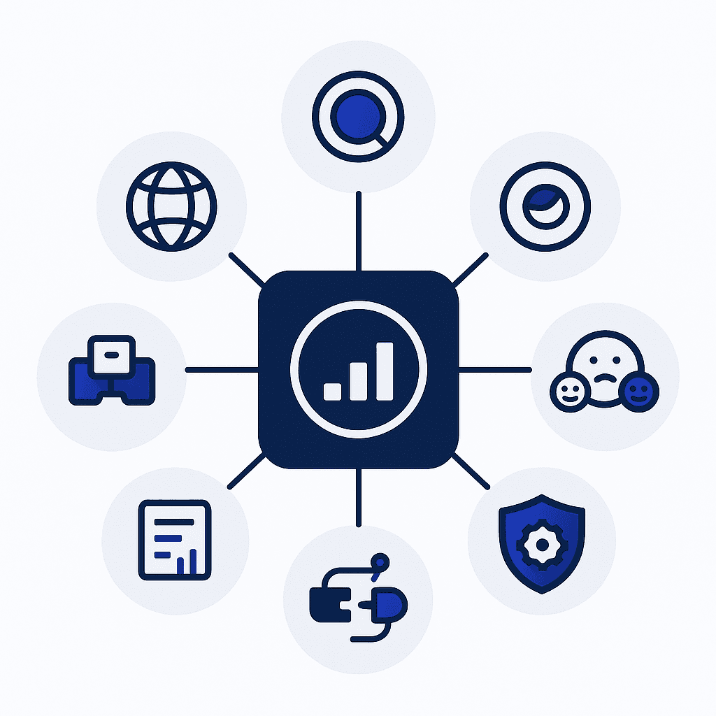 Radial illustration with seven icons illustrating criteria for evaluating Google AI Overview monitoring platforms