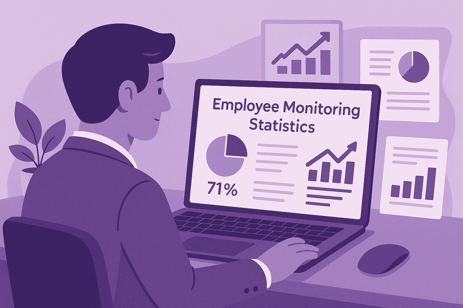 Flat-style digital illustration showing employees in hybrid work settings—some remote, some in-office—connected by abstract digital lines and charts, symbolizing global employee monitoring trends and productivity insights.
