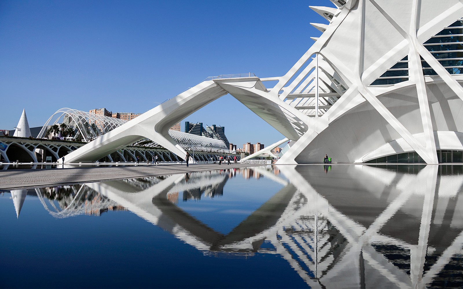 Valencia's City of Arts and Sciences architecture reflected in water.