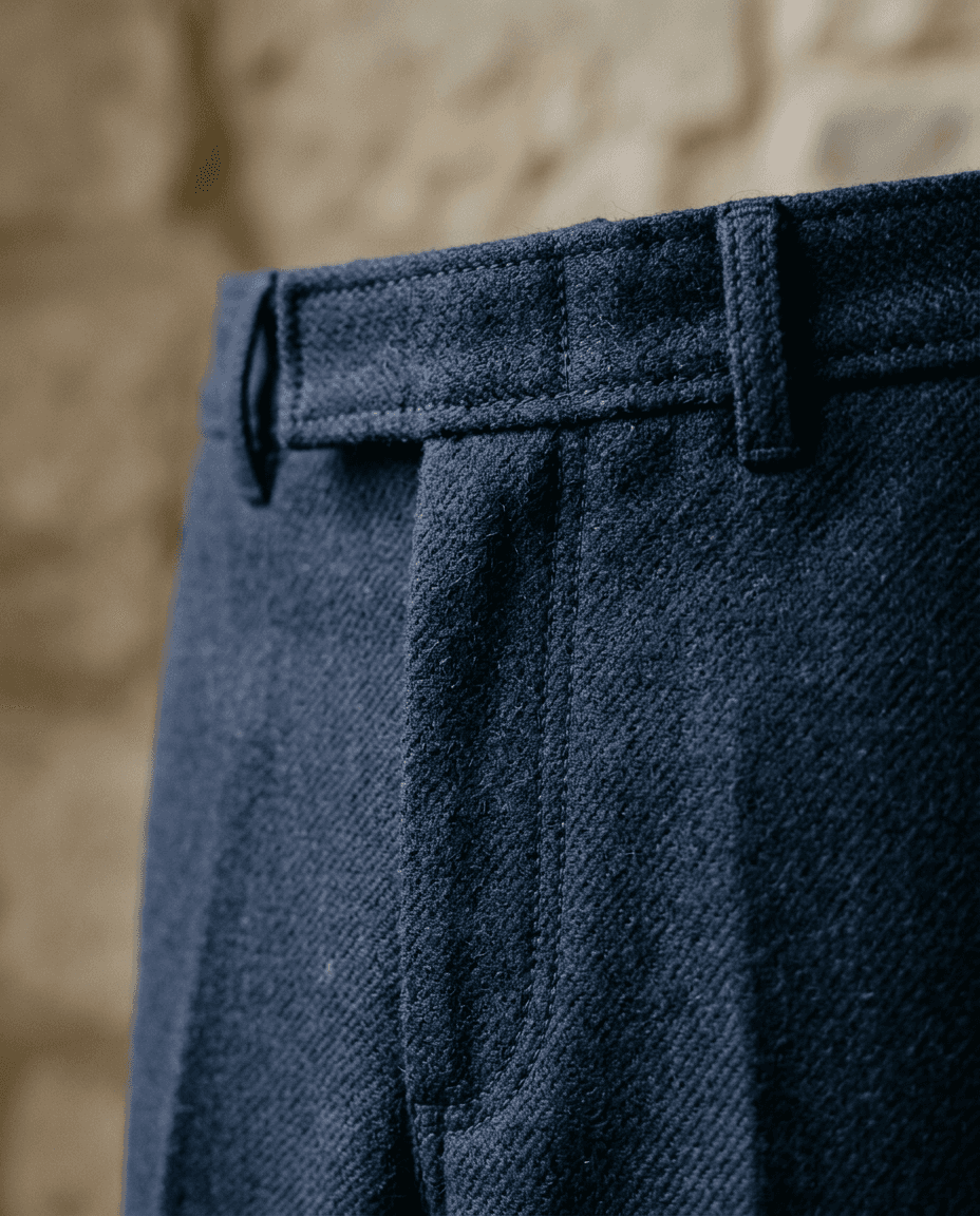 Camel Wide-Leg Wool Trousers — Deep Navy — detail