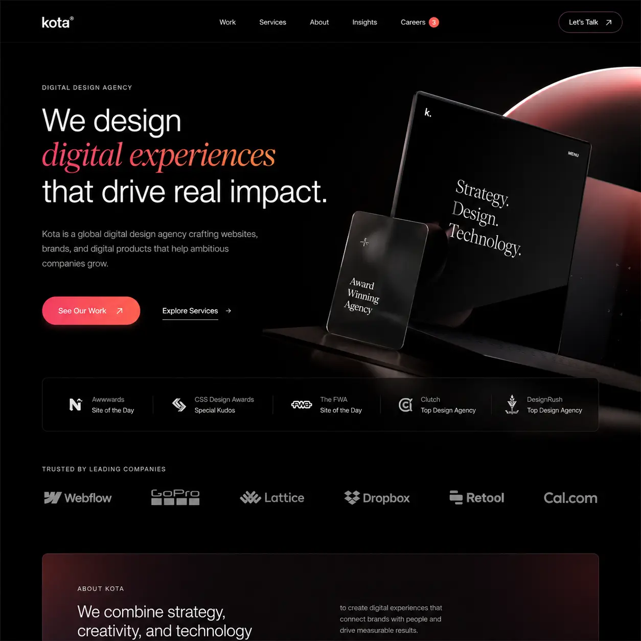 Kota digital design agency homepage displaying strategy, design, and technology services with award-winning recognition and global client logos