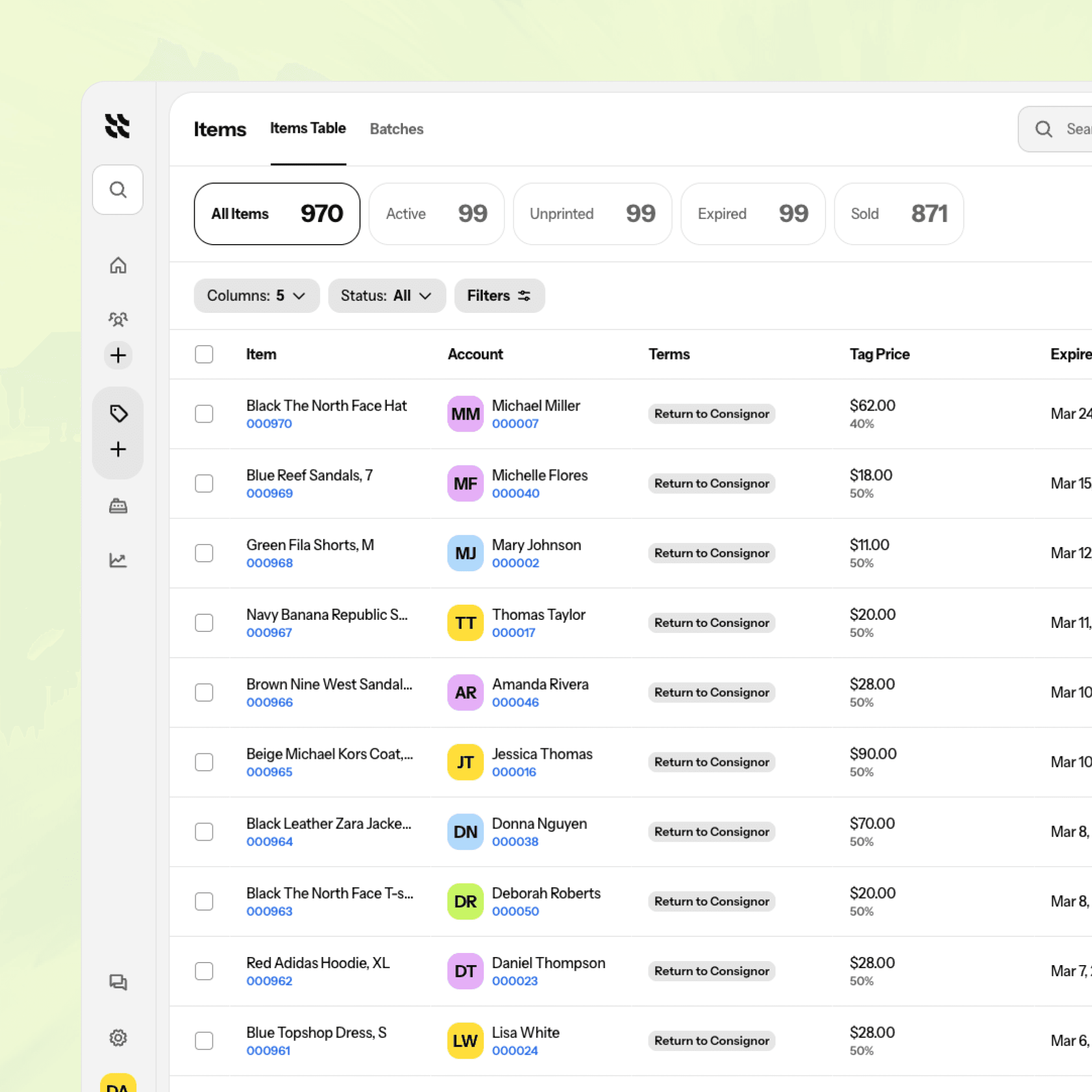 Screenshot of the ConsignCloud interface showing the items table in ConsignCloud