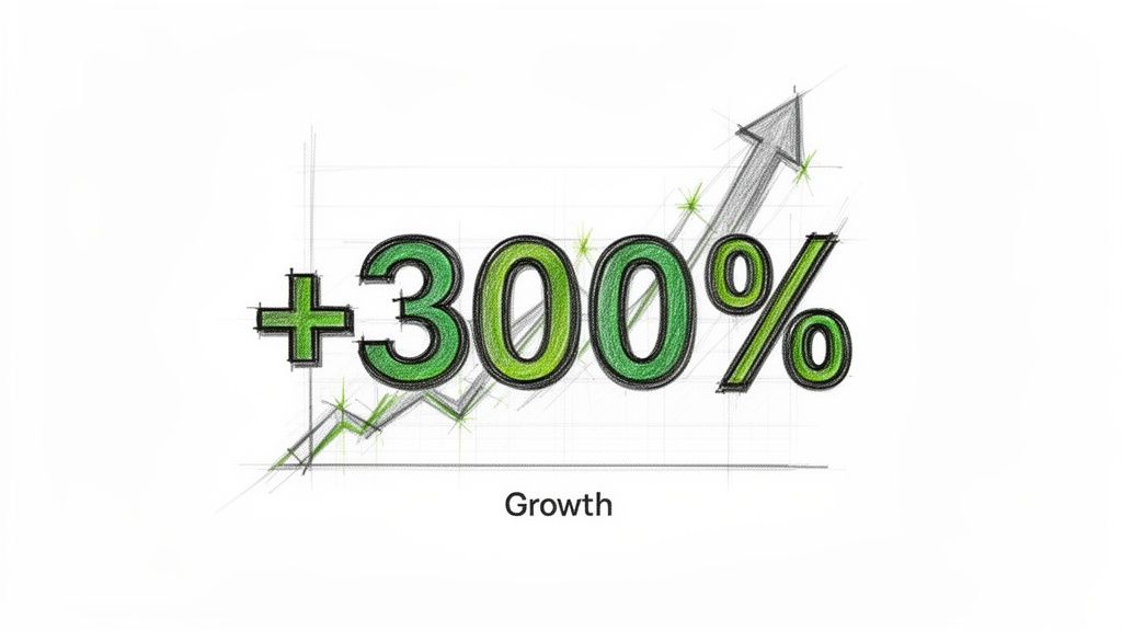 A hand-drawn graph shows a green upward trend with a plus 300 percent growth.