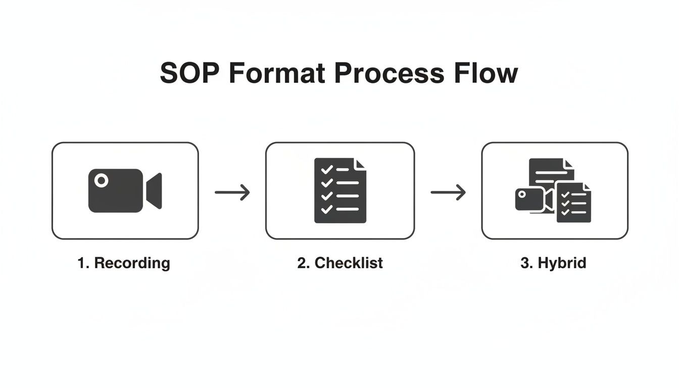 A process flow chart illustrating three SOP format options: recording, checklist, and a hybrid approach.