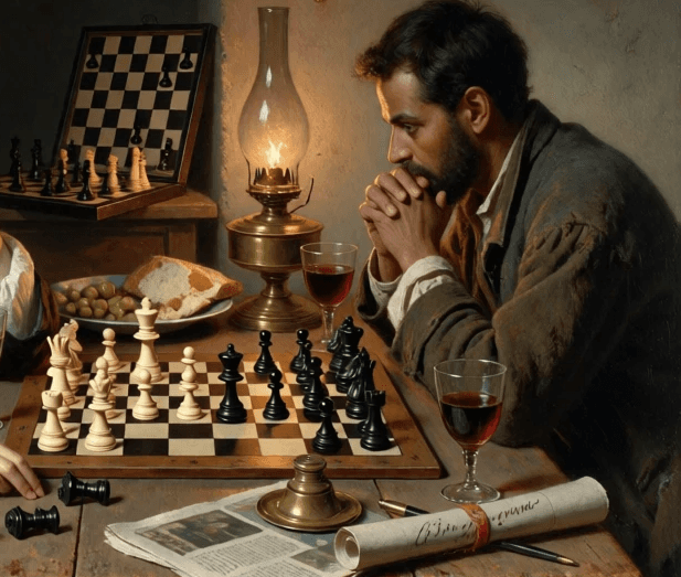 A classical oil painting of a bearded man in historical dress leaning forward over a chess board with his hands clasped together, staring at the pieces by oil lamp light, with wine glasses and a scroll on the table beside him.