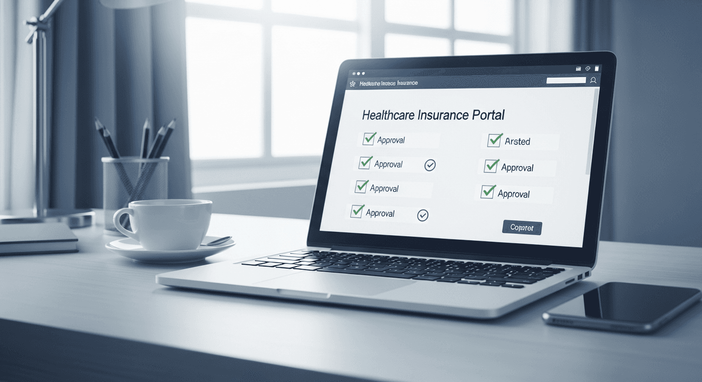 A clean, modern desk setup showing a laptop displaying a healthcare insurance portal interface with checkmarks and approval indicators, alongside a smartphone and a coffee cup. Soft natural lighting from a window, professional home office environment. Calm, reassuring atmosphere with muted blue and white tones. Healthcare consultation aesthetic, organized and stress-free feel.