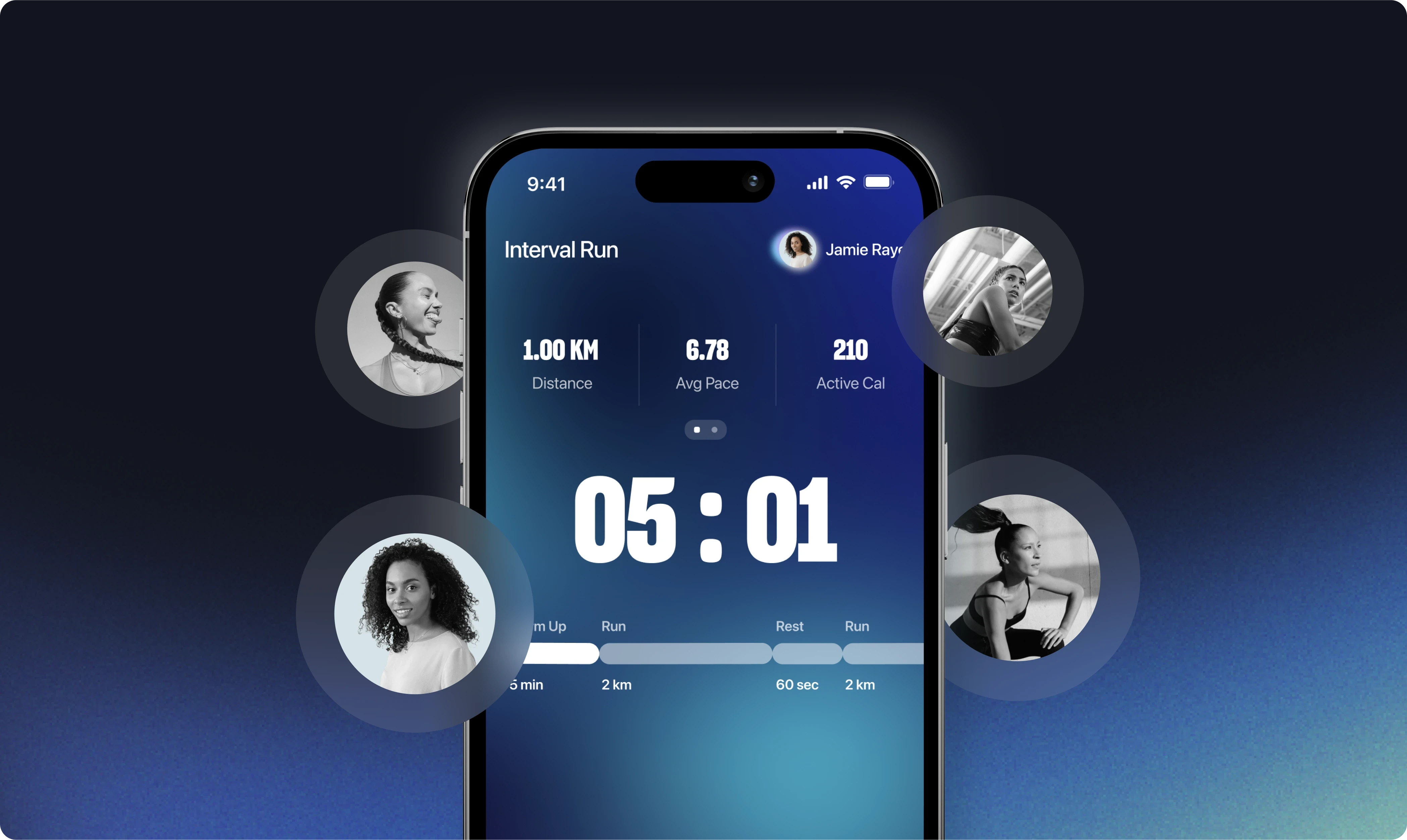 A mobile app interface displays an ongoing interval run with stats: 1.00 KM distance, 6.78 average pace, and 210 active calories. A large timer shows 05:01. The workout progress bar below outlines a warm-up, two run segments, and a rest interval. Profile photos of four different women surround the phone screen, suggesting a social or group workout feature. The background is a dark blue gradient.