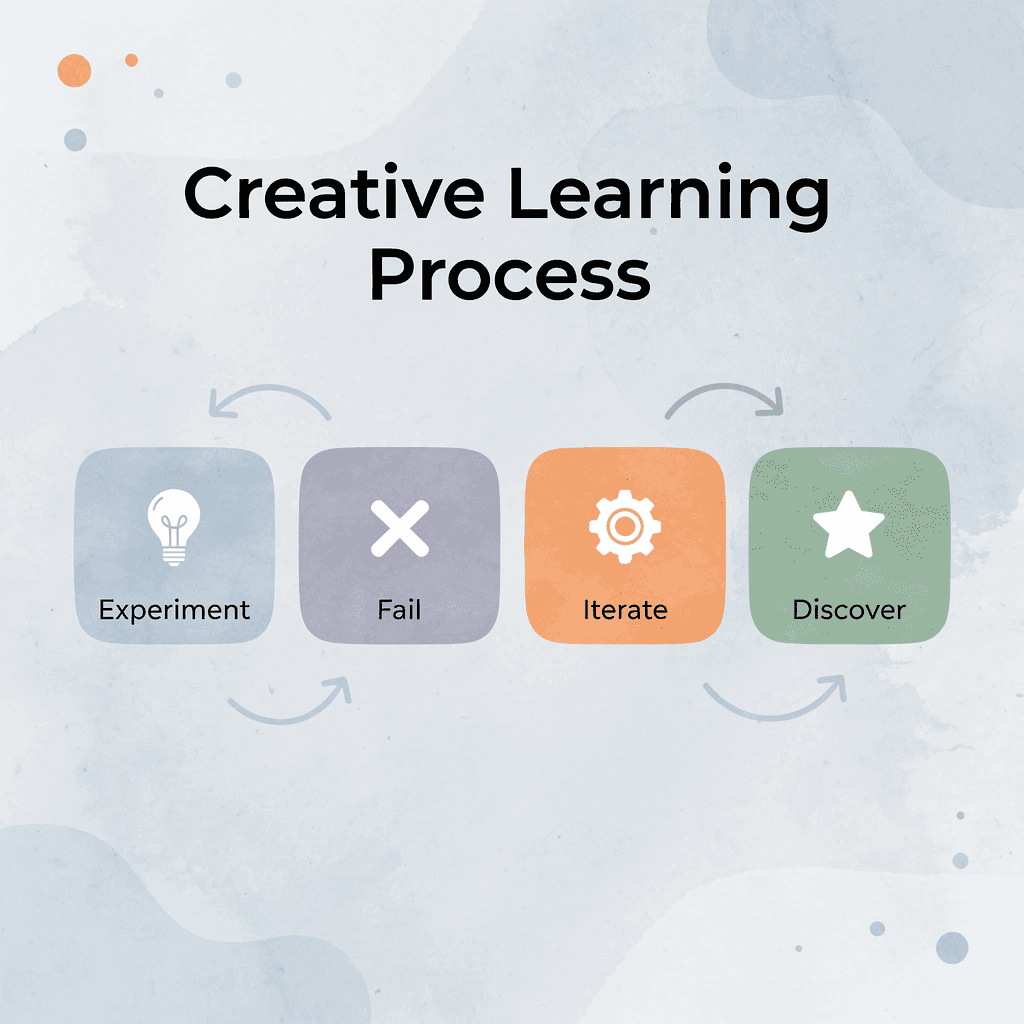 Process flow showing creative learning steps from experimentation to discovery
