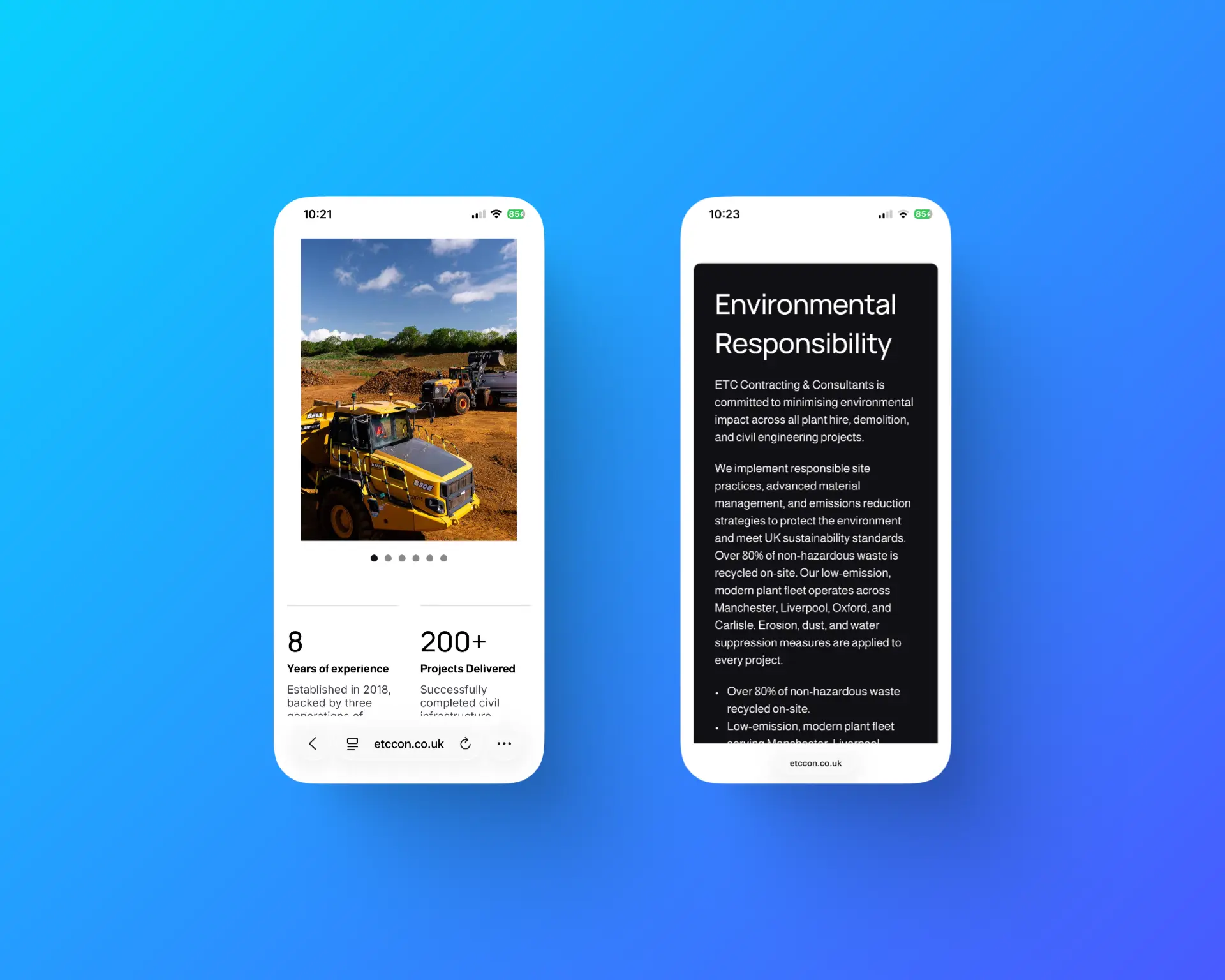 Mobile view of ETC Contracting & Consultants website featuring plant machinery imagery, years of experience, projects delivered, and environmental responsibility content.