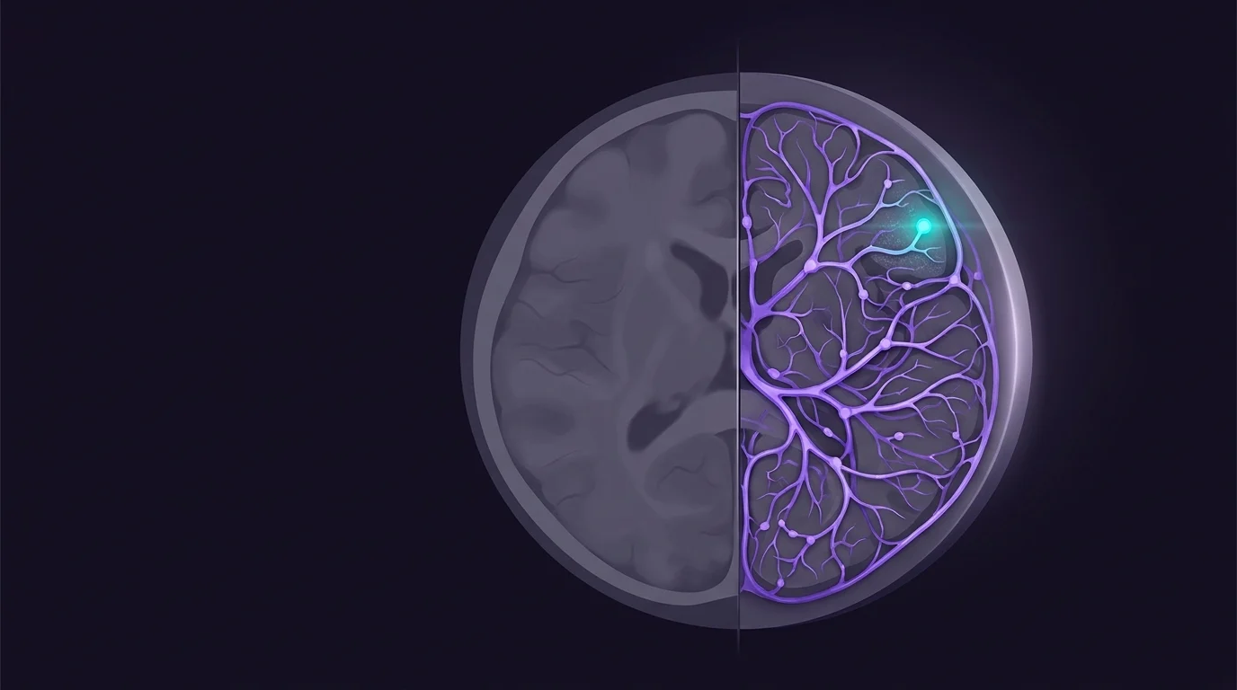 One cross-section of the head, split down the middle: the left half is a flat grey scan without contrast; on the right half, with contrast, a branching network of vessels stands out in violet, and one small point is lit.