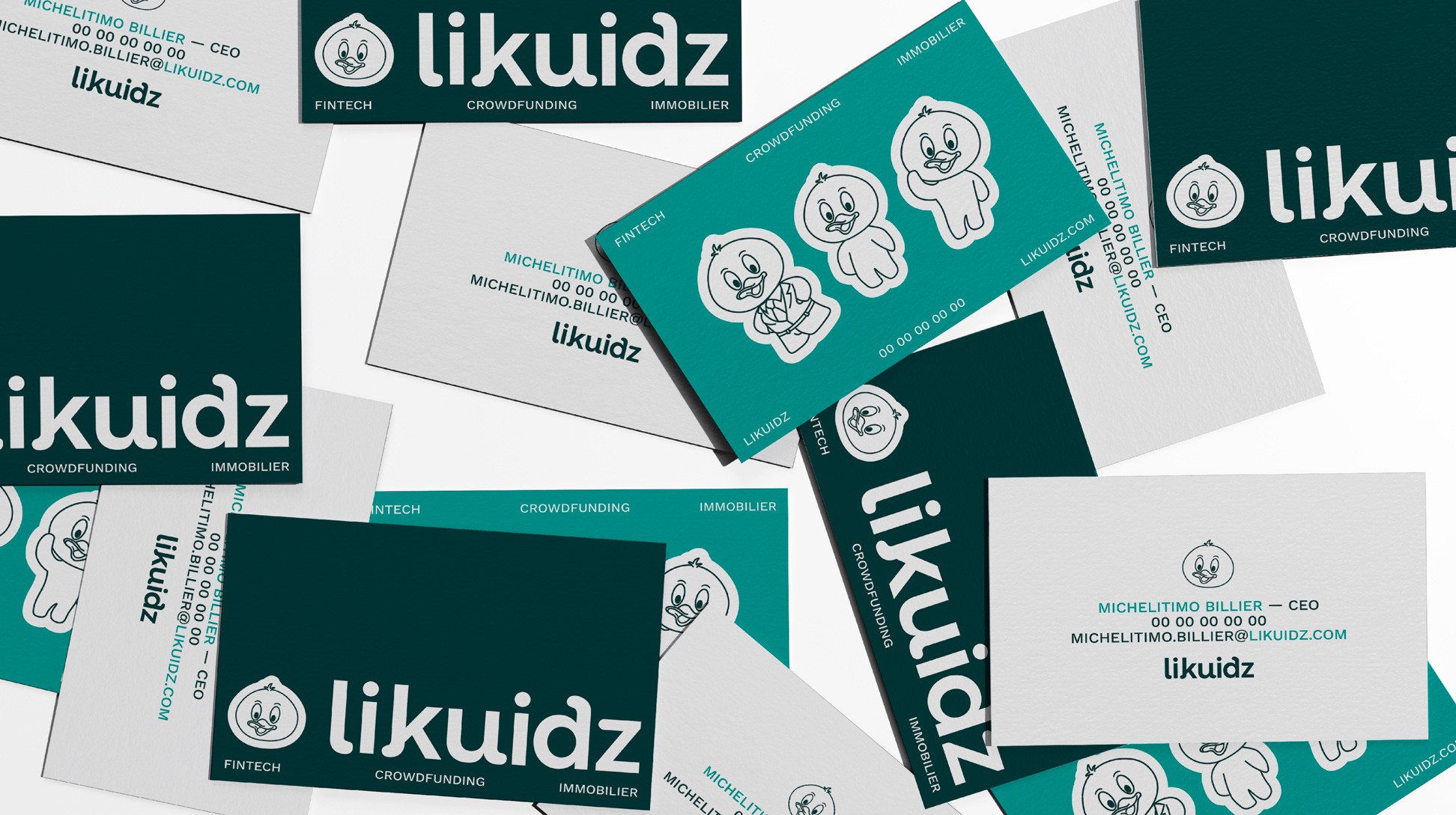 Carte de visite Likuidz, avec les mascottes et le logo.