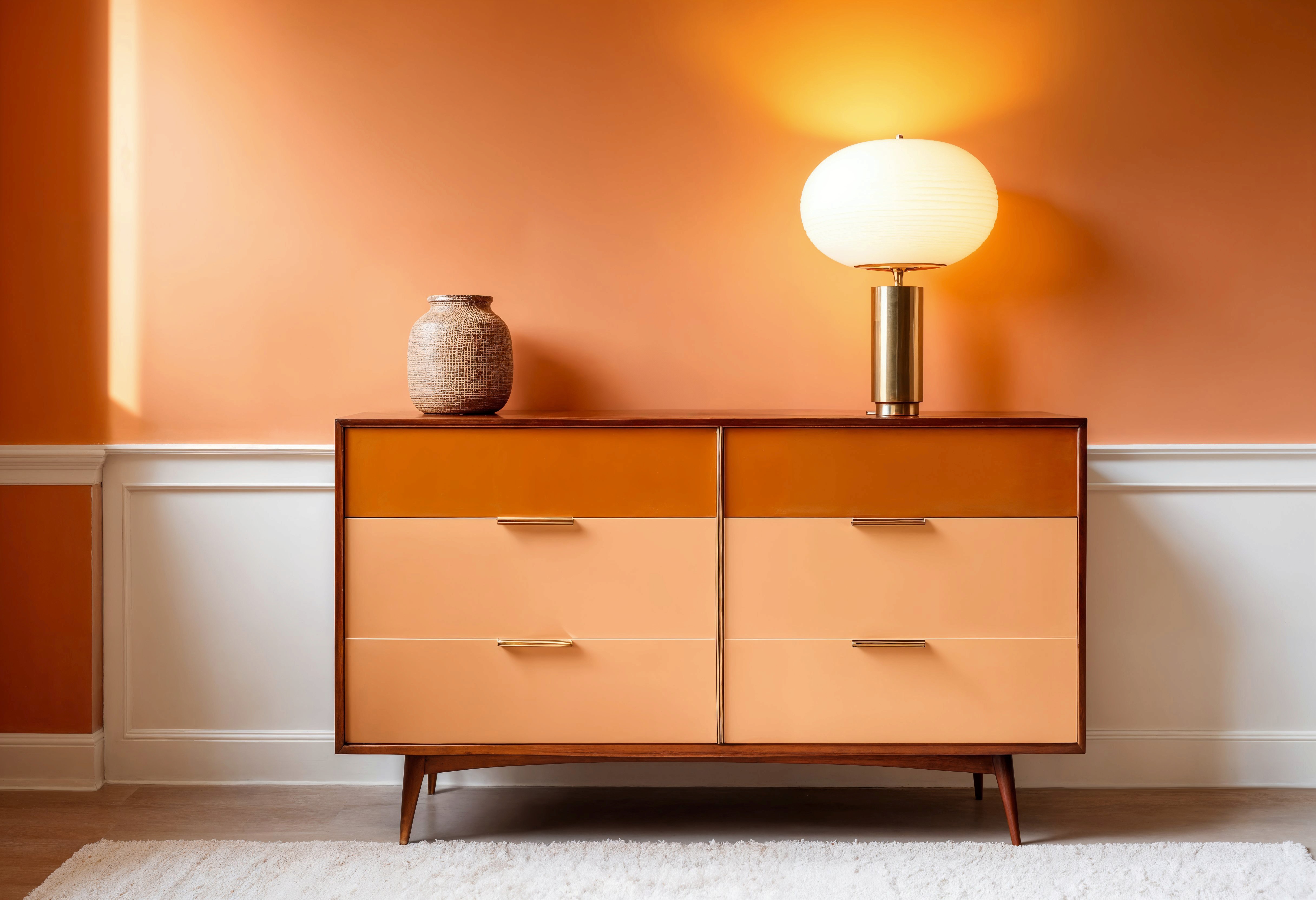 Modern living room with geometric rug and artwork.