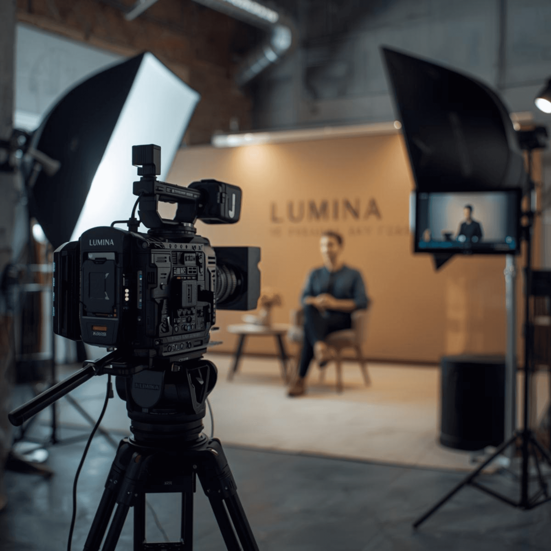 Video production setup with LUMINA camera, lighting equipment, and a presenter in a studio setting. Professional filming environment with a clear focus on high-quality video production.