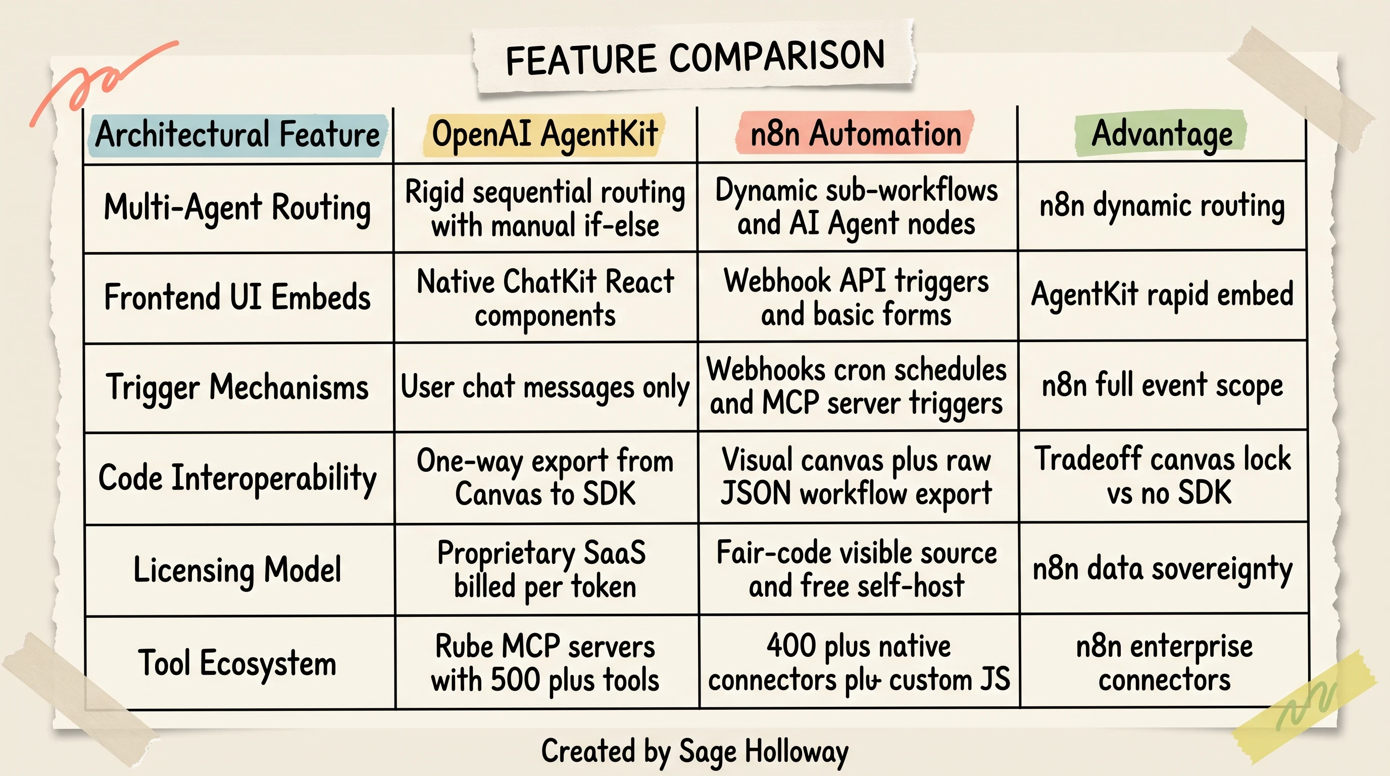Feature comparison matrix table of OpenAI AgentKit versus n8n automation architecture