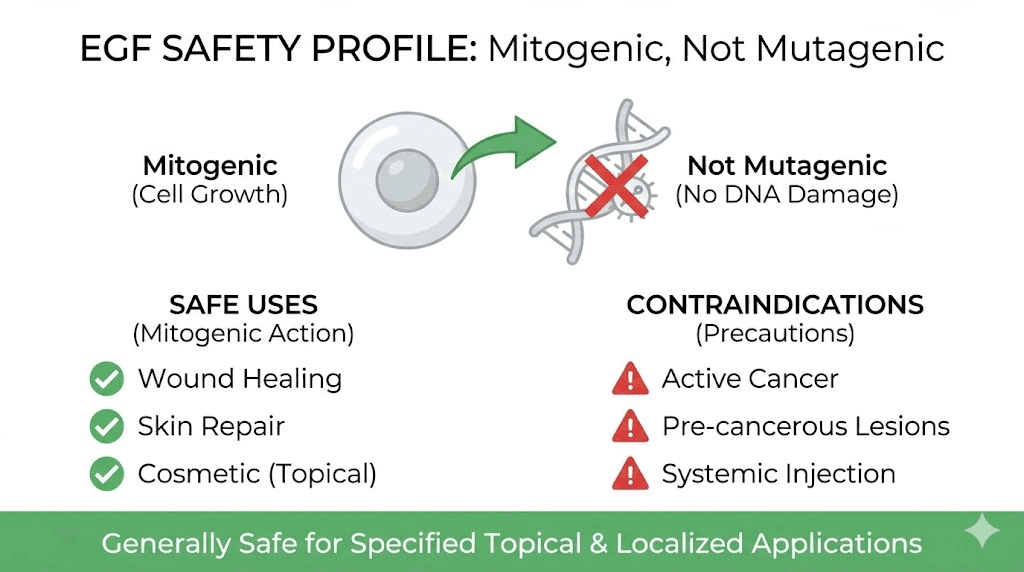 EGF peptide safety profile showing mitogenic versus mutagenic distinction