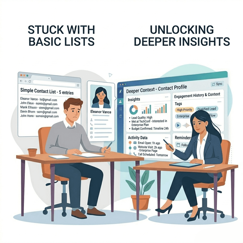 Comparison of a salesperson using basic contact data versus enriched contact intelligence