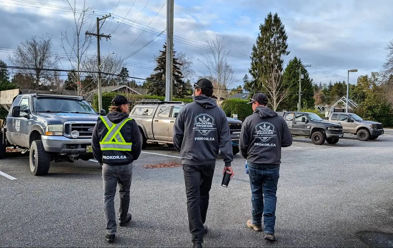 Landscaping and construction team walking together at a job site.