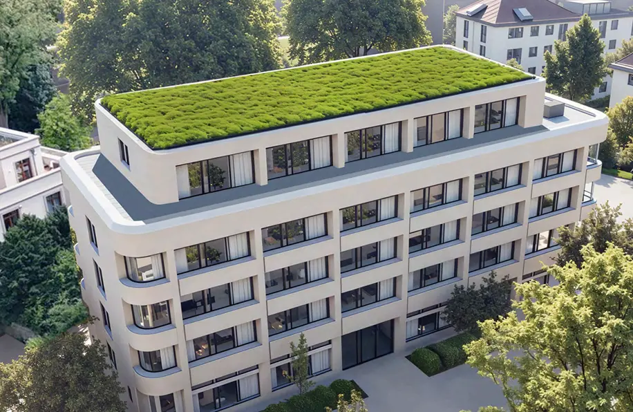 Isometrische Zeichnung eines Bauprojekts mit mehreren Gebäuden und markierten Strukturen in Rot