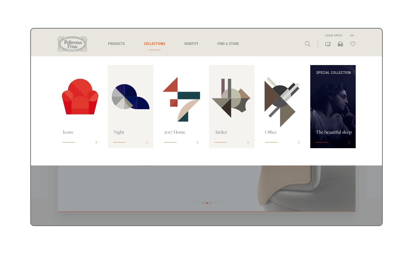 Mockup di interfaccia e-commerce Frau: vista della pagina ‘Collections’ con card grafiche delle linee prodotto e call-to-action evidenziate, presentato su sfondo minimal.