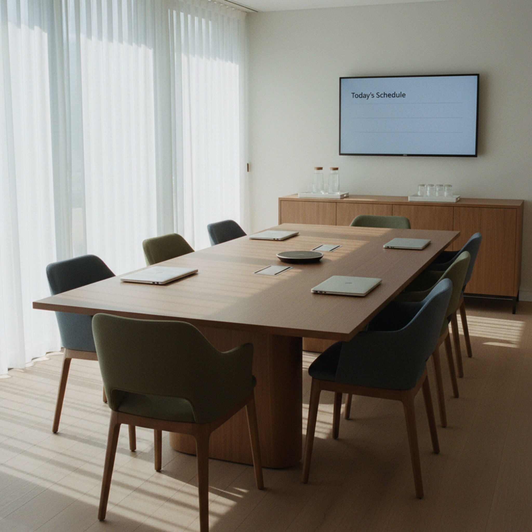 Ein moderner Besprechungsraum mit großem Tisch, sorgfältig arrangierten Stühlen und dezentem Konferenz-Setup. Auf einem Sideboard stehen Wasser und Gläser, an der Wand ein schlichtes Zeitplan-Display ohne Details. Die Atmosphäre ist ruhig, professionell und einladend.