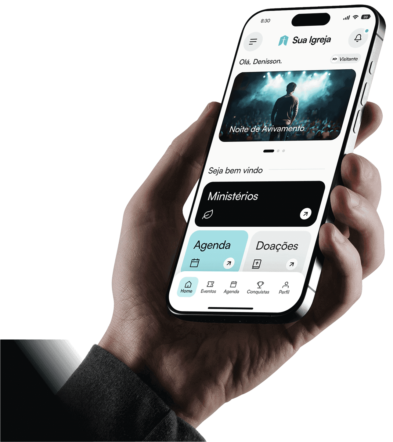 A person holding a smartphone displaying the Church Flow app interface. The screen shows a modern church app with a personalized greeting, an event banner titled “Night of Revival,” ministry options, agenda, donations, and navigation icons for home, events, agenda, donations, and profile. The app design is clean, minimalistic, and focused on church management, donations, and event participation.  This description is screen reader–friendly (accessibility) and includes SEO keywords like church app, donations, agenda, events, ministry, Church Flow.