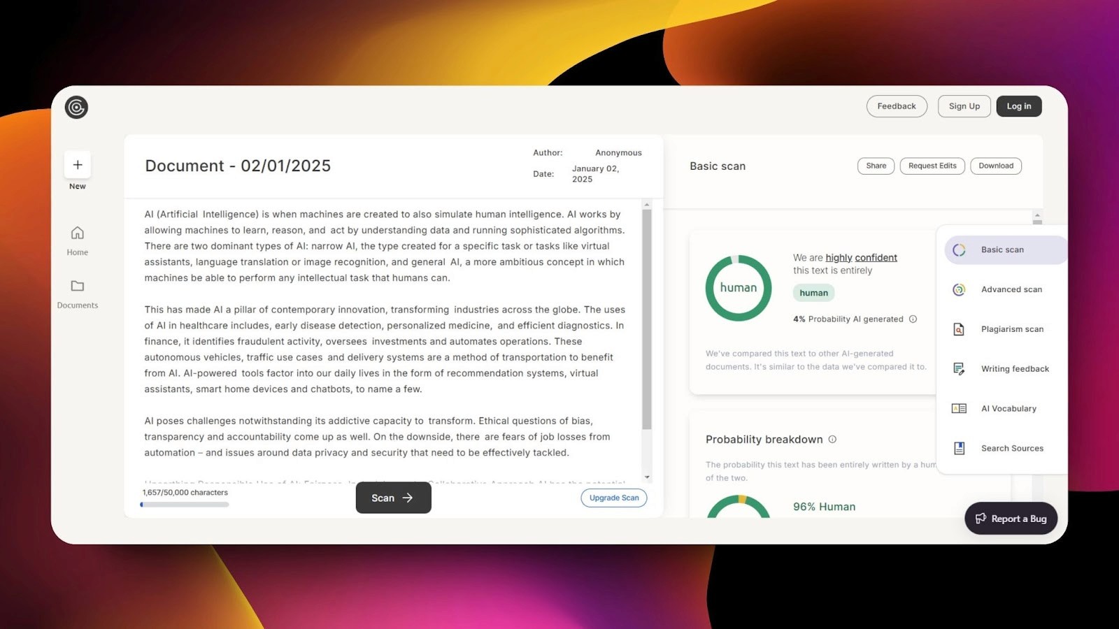 Screenshot of GPTZero's AI detection tool showing 4% AI probability for text on AI types, applications, and ethics, marked as "Highly Human."