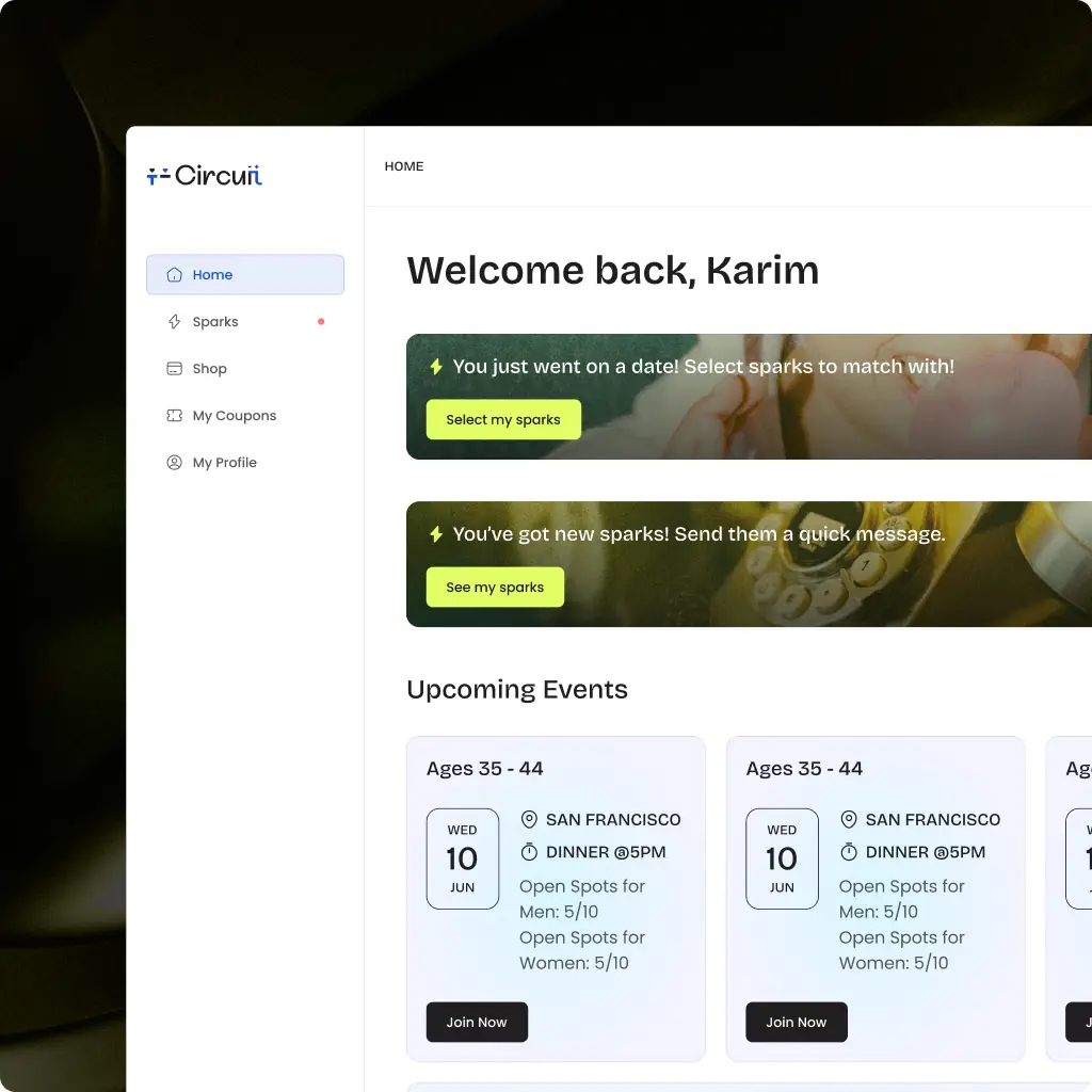 UI Screen displaying the homepage of the circuit app, showing upcoming events for said user.