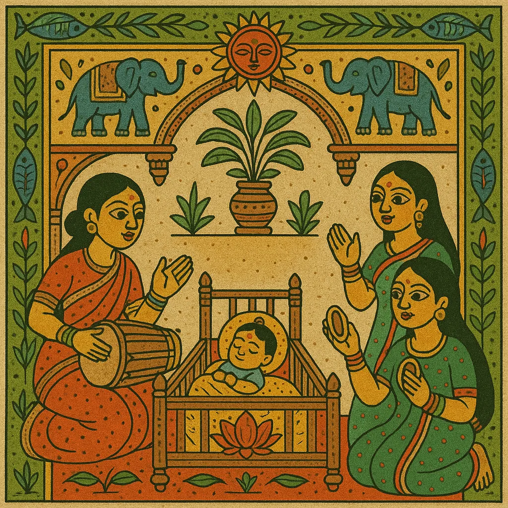 Women surrounding the cradle with a new born baby and singing with dhol majira