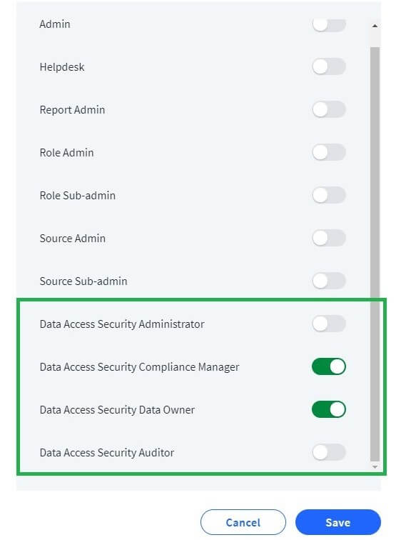 User permission settings interface showing toggle switches for Data Access Security roles, with Compliance Manager and Data Owner options enabled.