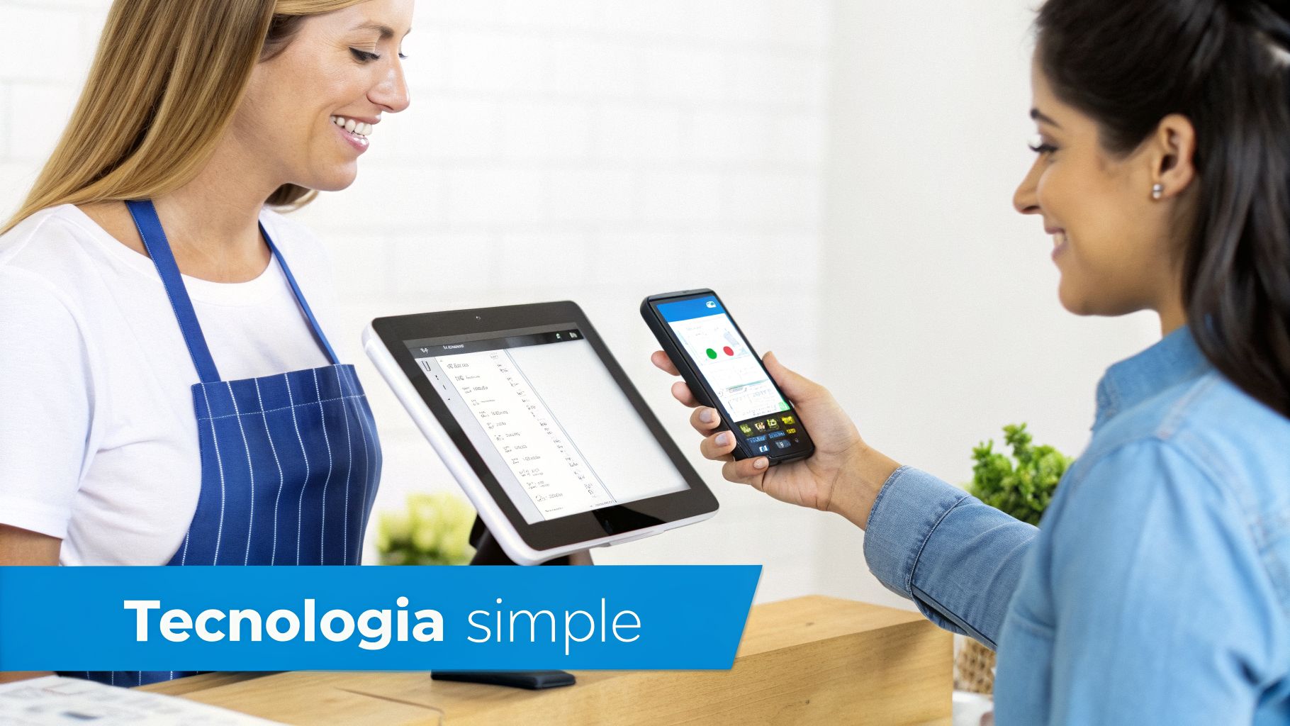 Cajera sonriente asistiendo a una clienta que paga con su smartphone en un sistema POS moderno.