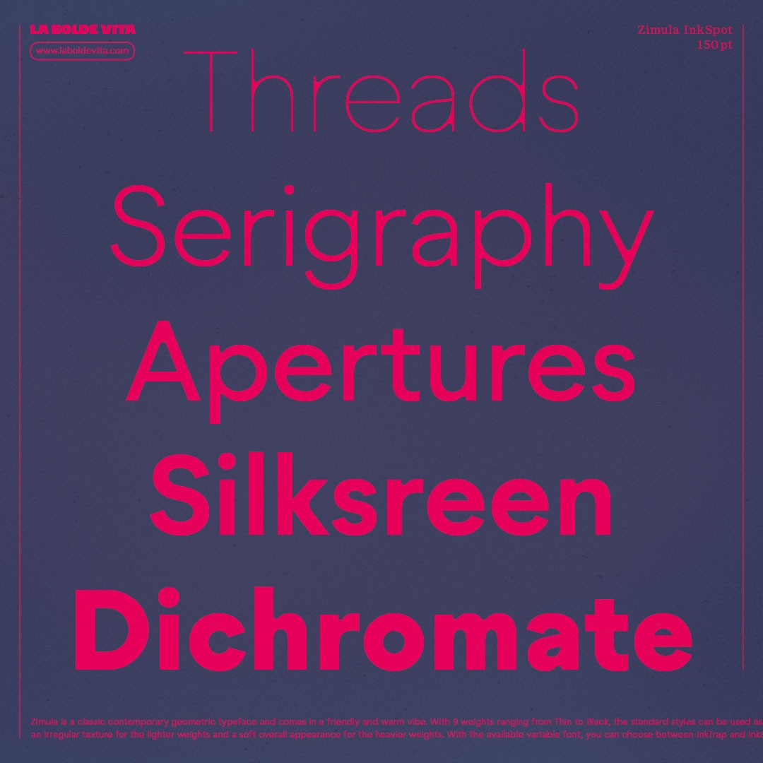 five sample words set in Zimula InkSpot and in various weights in vivid red on purple background