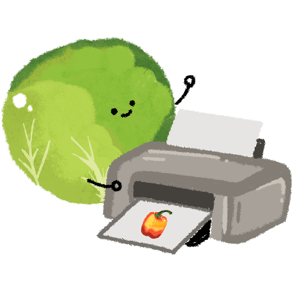 A smiling cartoon cabbage stands beside a printer ejecting a sheet with a bell pepper image, all within a light beige circle.