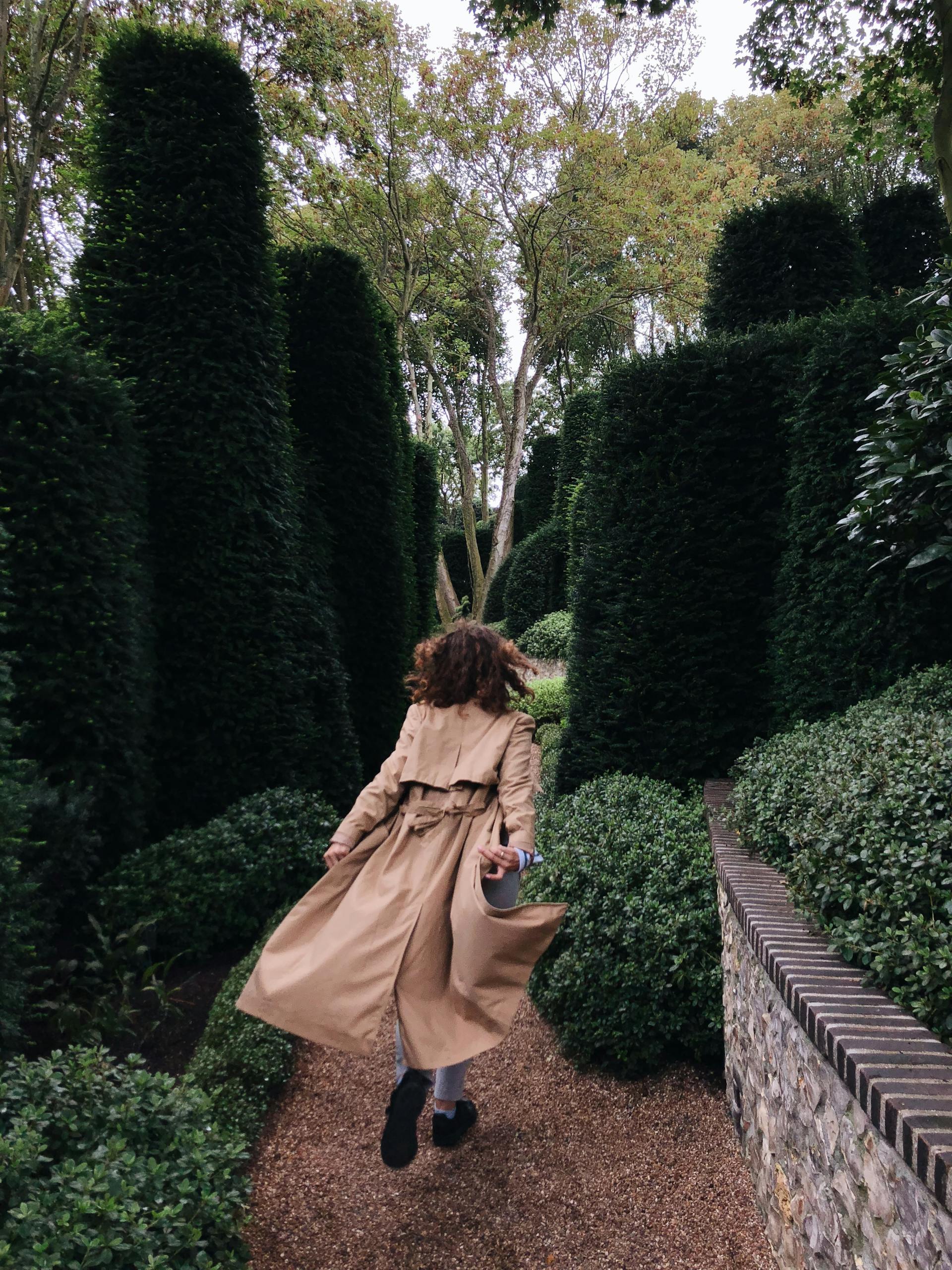 The back of a woman in a trench coat walking through a path lined with tall green hedges